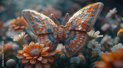 A 3D render of a large and graceful crochet butterfly with intricate patterns and a variety of colors. The butterfly is perched on a crochet flower