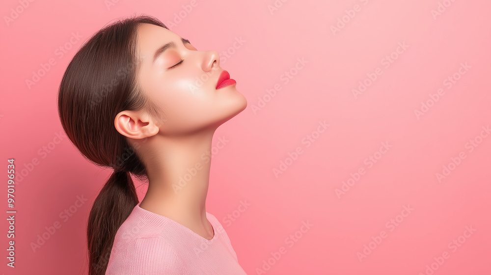 Woman in white top meditating with eyes closed against soft pink background, representing calmness, mindfulness, and serenity in a peaceful and balanced life Woman in white top meditating with eyes closed against soft pink background, representing calmness, mindfulness, and serenity in a peaceful and balanced life