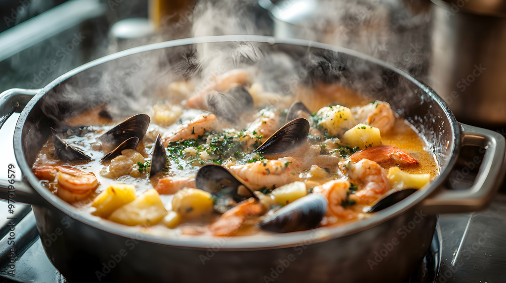 A large pot of seafood chowder simmering with mussels, clams, shrimp, and potatoes, served in a rustic kitchen with steam rising from the pot A large pot of seafood chowder simmering with mussels, clams, shrimp, and potatoes, served in a rustic kitchen with steam rising from the pot
