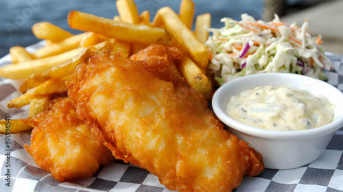 A close-up shot of crispy battered fish and chips served with a side of tartar sauce and coleslaw, on a checkered tablecloth by a fishing dock photo