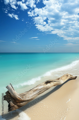 Tranquil Coastal Scene: Calm Turquoise Seashore with Driftwood Barrier