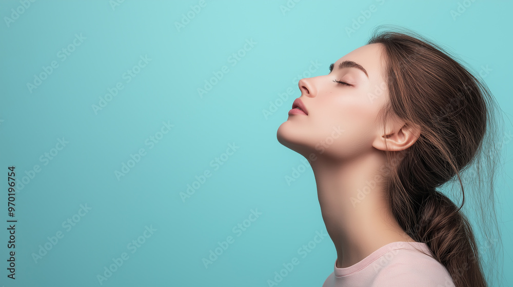 Woman with eyes closed, soft blue background, practicing mindfulness and inner peace, promoting wellness, balance, and mental clarity through meditation Woman with eyes closed, soft blue background, practicing mindfulness and inner peace, promoting wellness, balance, and mental clarity through meditation