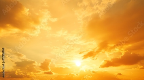 Golden Sky Sunset Cloud sky background in Evening gold Sky Hour with Romantic Orange Yellow Warm Sun Light Summer season Horizon landscape sundown : Generative AI