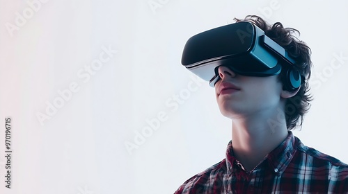 Young man using VR glasses on white background : Generative AI