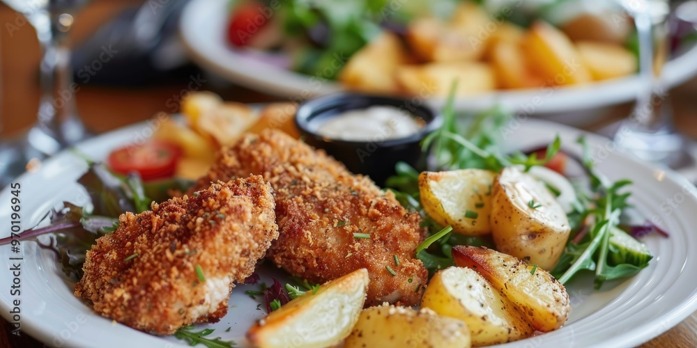 Chicken pieces coated in breadcrumbs accompanied by potatoes and salad Shallow focus Chicken pieces coated in breadcrumbs accompanied by potatoes and salad Shallow focus