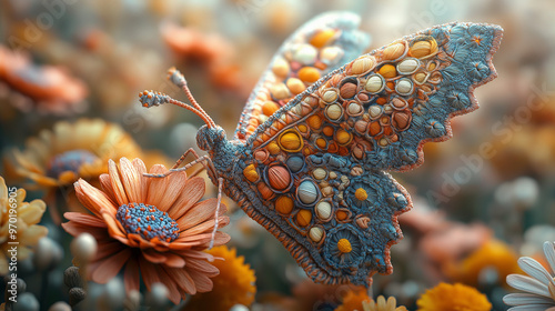 A 3D render of a large and graceful crochet butterfly with intricate patterns and a variety of colors. The butterfly is perched on a crochet flower