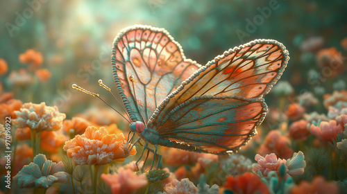 A 3D render of a large and graceful crochet butterfly with intricate patterns and a variety of colors. The butterfly is perched on a crochet flower