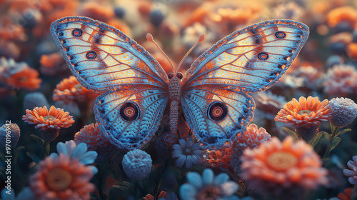 A 3D render of a large and graceful crochet butterfly with intricate patterns and a variety of colors. The butterfly is perched on a crochet flower