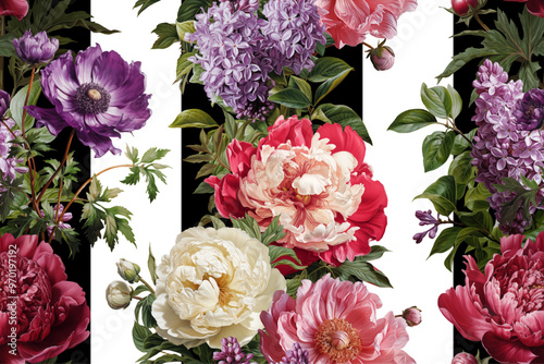 Seamless vector pattern with peony, anemone and lilac flowers isolated on a changeable background. Vintage painting style illustration.