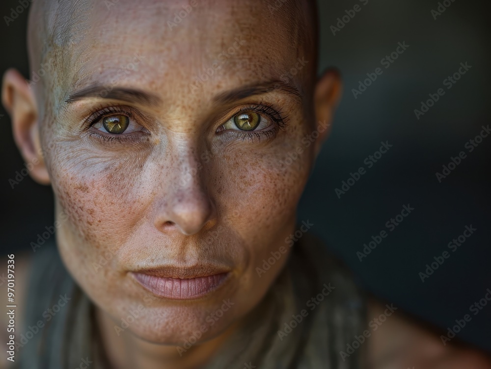 Bald woman with intense gaze and freckles wearing scarf Bald woman with intense gaze and freckles wearing scarf