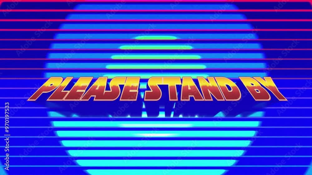 Animation of please stand by text over colourful shapes moving