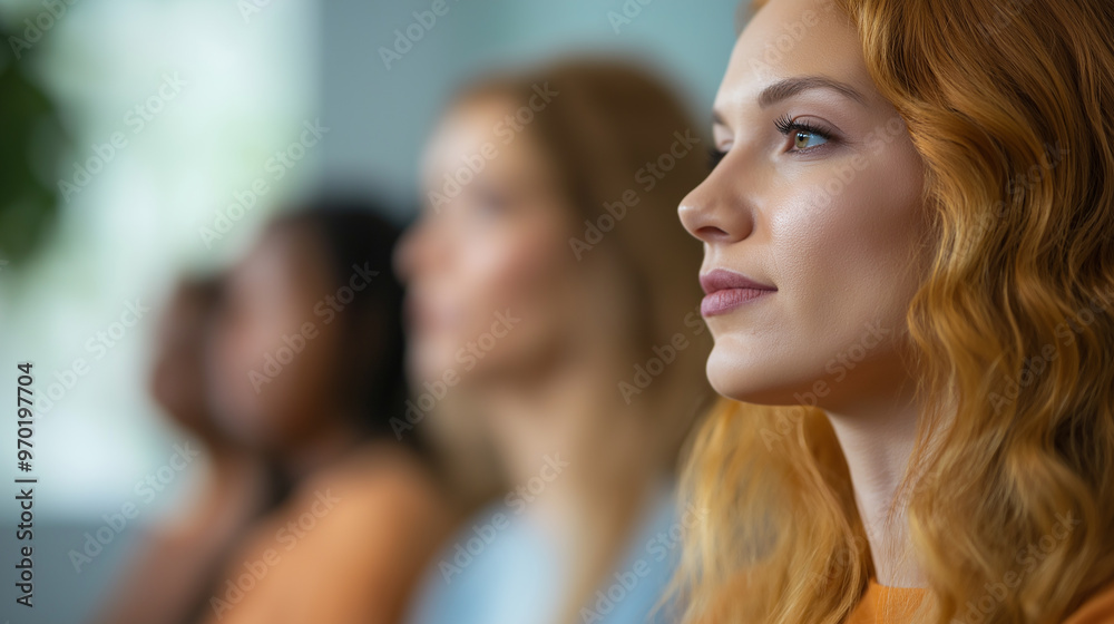 Side profile of focused woman in group setting, diverse people in background, concept of teamwork, attention, and corporate professional environment, blurred depth Side profile of focused woman in group setting, diverse people in background, concept of teamwork, attention, and corporate professional environment, blurred depth