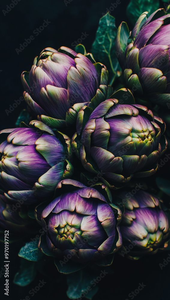Obraz premium close-up of A pile of purple and green artichokes against dark background.Minimal creative food concept.