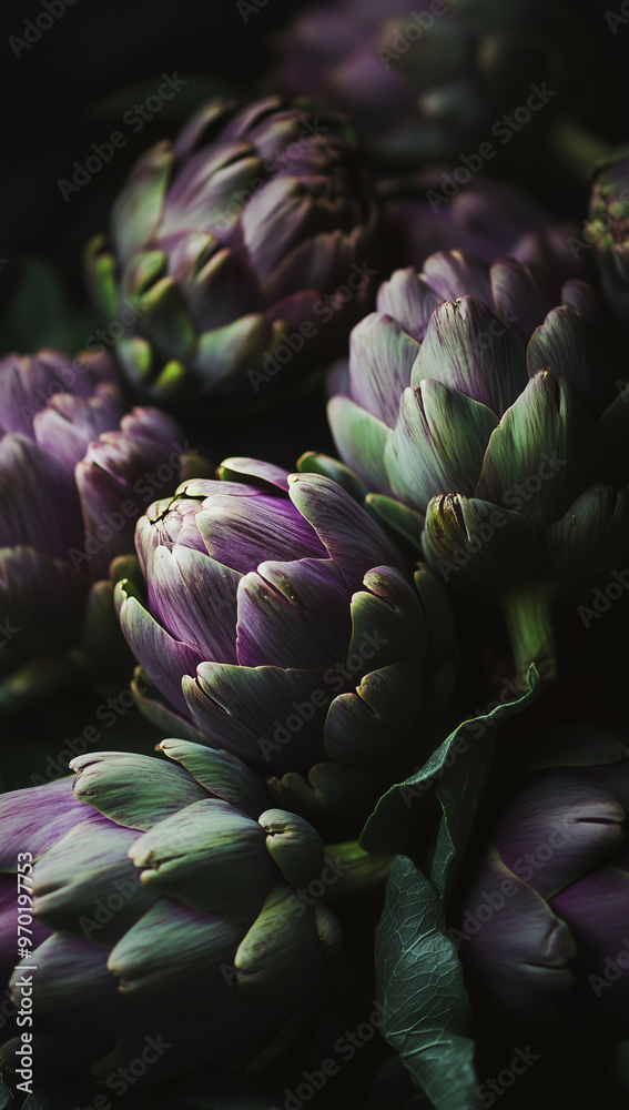 Obraz premium close-up of A pile of purple and green artichokes against dark background.Minimal creative food concept.