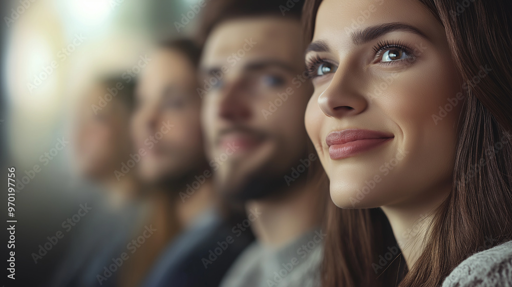 Side profile of focused woman in group setting, diverse people in background, concept of teamwork, attention, and corporate professional environment, blurred depth Side profile of focused woman in group setting, diverse people in background, concept of teamwork, attention, and corporate professional environment, blurred depth