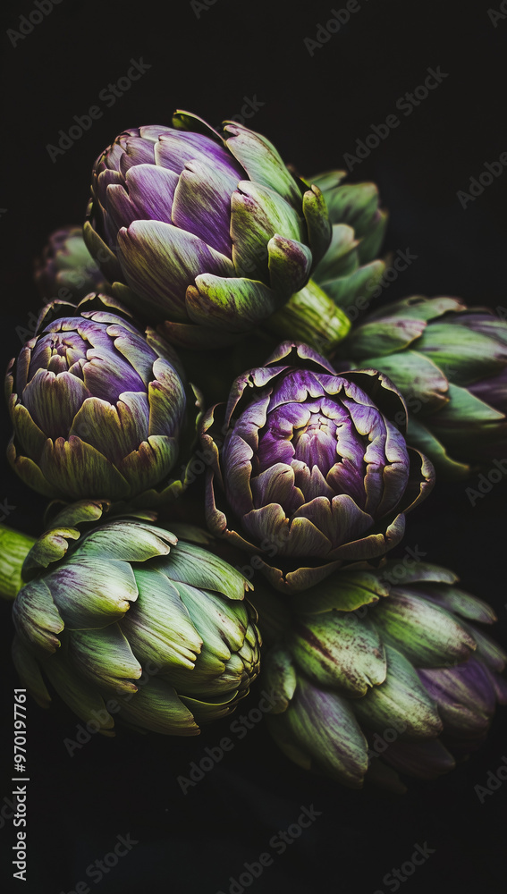 Obraz premium close-up of A pile of purple and green artichokes against dark background.Minimal creative food concept.