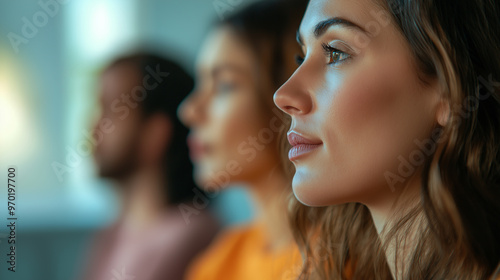 Side profile of focused woman in group setting, diverse people in background, concept of teamwork, attention, and corporate professional environment, blurred depth