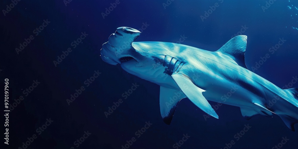 Naklejka premium Close up of a scalloped hammerhead shark Sphyrna lewini gliding through the blue waters