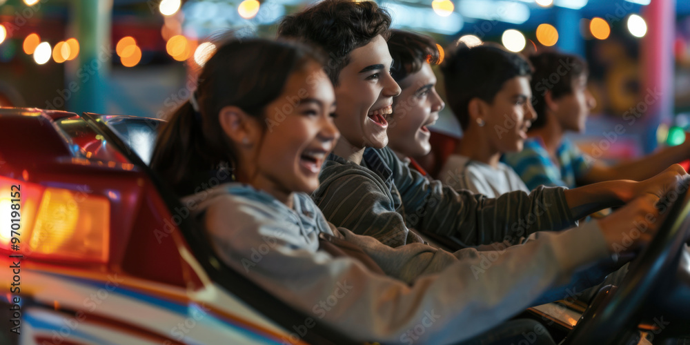 Close-up of a group of teenagers enjoying a bumper car ride, with laughter and excitement Close-up of a group of teenagers enjoying a bumper car ride, with laughter and excitement