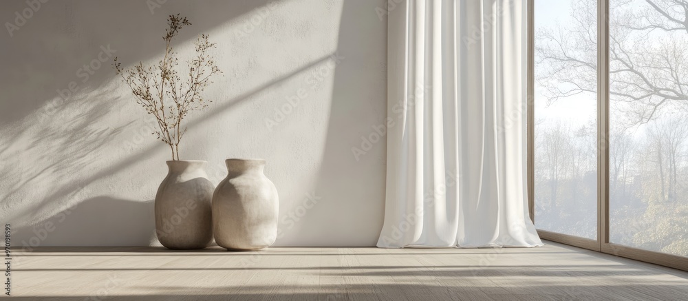 Concept of a minimalist Scandinavian interior featuring vases on a wooden floor expansive walls and a white landscape visible through curtained windows 3D rendering of Nordic style decor Concept of a minimalist Scandinavian interior featuring vases on a wooden floor expansive walls and a white landscape visible through curtained windows 3D rendering of Nordic style decor