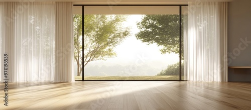 Concept of a minimalist Scandinavian interior featuring a blank room with wooden flooring expansive walls and sheer curtains framing a tranquil landscape 3D rendering