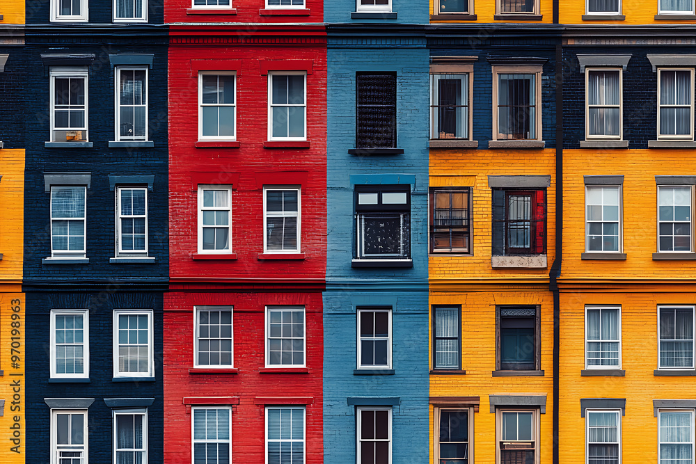 Obraz premium Flat art illustration of multi-colored house facades, showcasing simple geometric shapes and vibrant colors, creating a playful and modern urban aesthetic. 