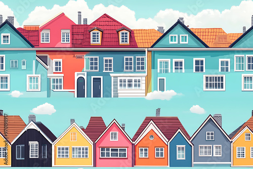 Flat art illustration of multi-colored house facades, showcasing simple geometric shapes and vibrant colors, creating a playful and modern urban aesthetic. 