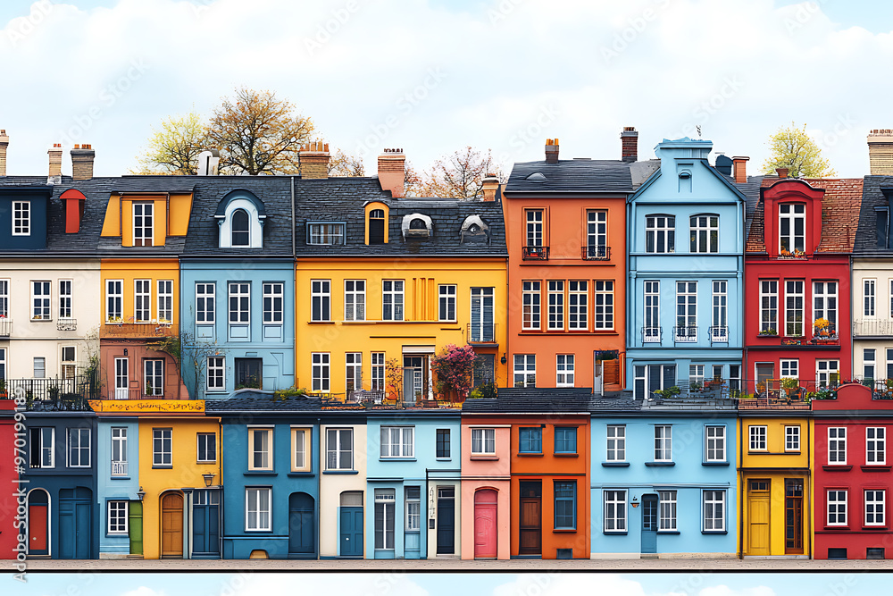 Fototapeta premium Flat art illustration of multi-colored house facades, showcasing simple geometric shapes and vibrant colors, creating a playful and modern urban aesthetic.