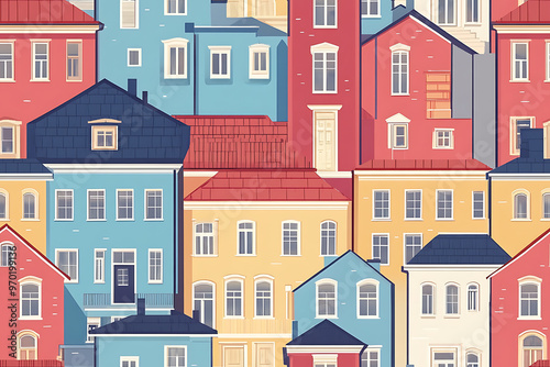 Flat art illustration of multi-colored house facades, showcasing simple geometric shapes and vibrant colors, creating a playful and modern urban aesthetic. 