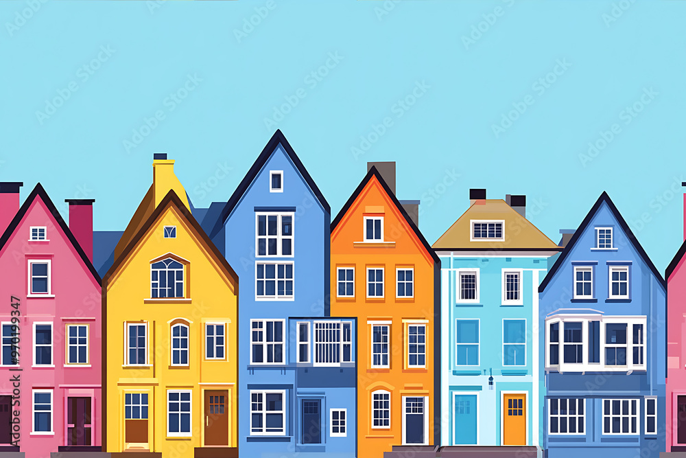 Flat art illustration of multi-colored house facades, showcasing simple geometric shapes and vibrant colors, creating a playful and modern urban aesthetic.
