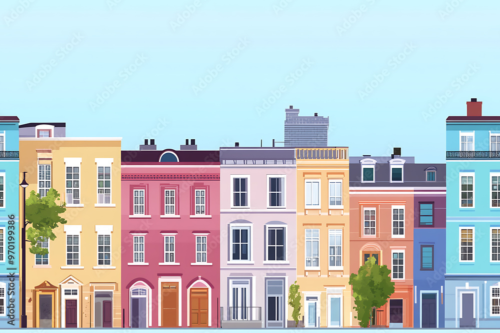 Fototapeta premium Flat art illustration of multi-colored house facades, showcasing simple geometric shapes and vibrant colors, creating a playful and modern urban aesthetic.