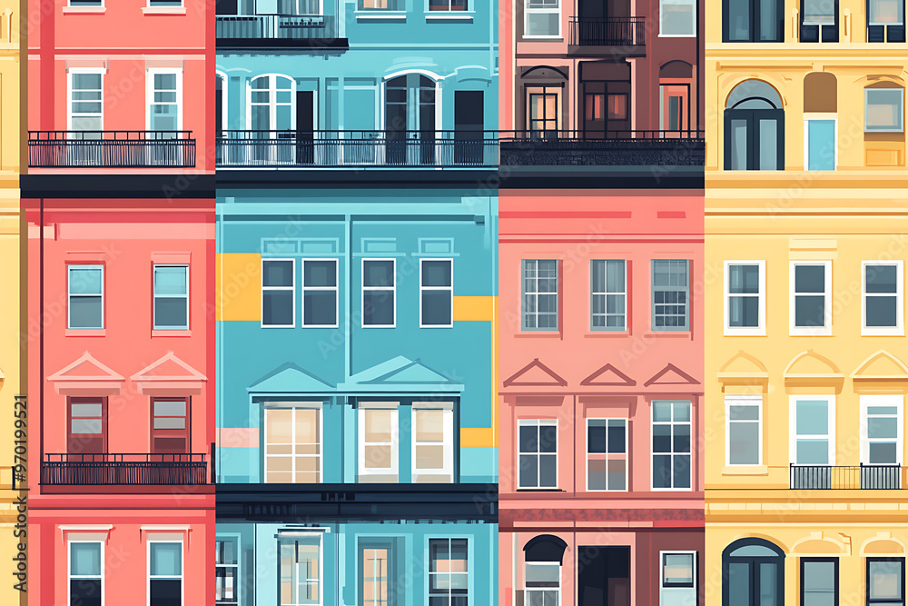 Obraz premium Flat art illustration of multi-colored house facades, showcasing simple geometric shapes and vibrant colors, creating a playful and modern urban aesthetic. 