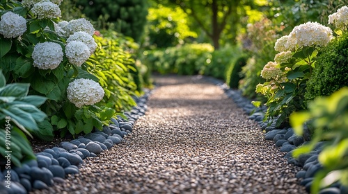 Hydrangea paniculata and conifer Beautiful Garden path made of natural stones gravel Huge landscaping trend Lawn shrubbery in the backyard Scenic of nice landscaped Walkway Green home  : Generative AI photo