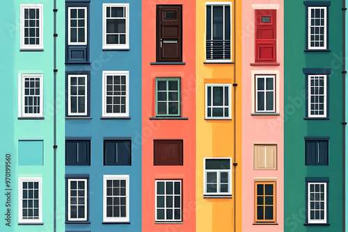 Flat art illustration of multi-colored house facades, showcasing simple geometric shapes and vibrant colors, creating a playful and modern urban aesthetic. 