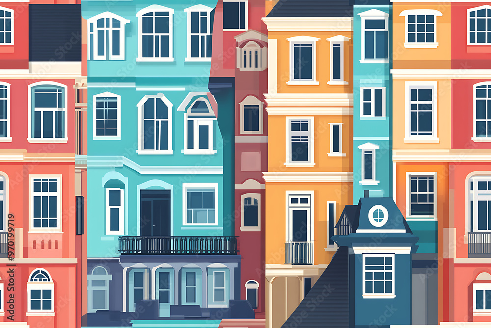 Flat art illustration of multi-colored house facades, showcasing simple geometric shapes and vibrant colors, creating a playful and modern urban aesthetic.
Flat art illustration of multi-colored house facades, showcasing simple geometric shapes and vibrant colors, creating a playful and modern urban aesthetic.