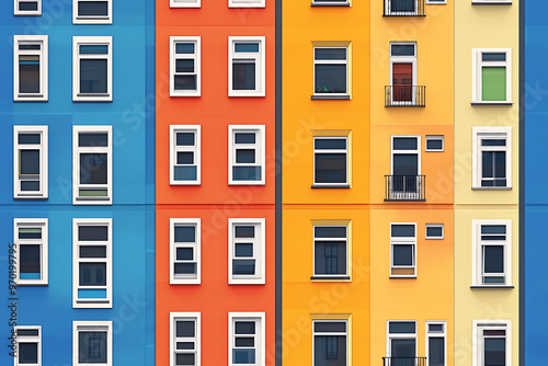 Flat art illustration of multi-colored house facades, showcasing simple geometric shapes and vibrant colors, creating a playful and modern urban aesthetic. 