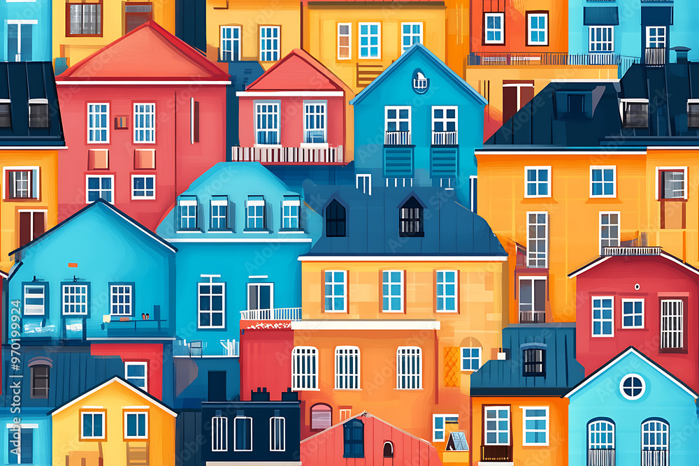 Flat art illustration of multi-colored house facades, showcasing simple geometric shapes and vibrant colors, creating a playful and modern urban aesthetic.
Flat art illustration of multi-colored house facades, showcasing simple geometric shapes and vibrant colors, creating a playful and modern urban aesthetic.