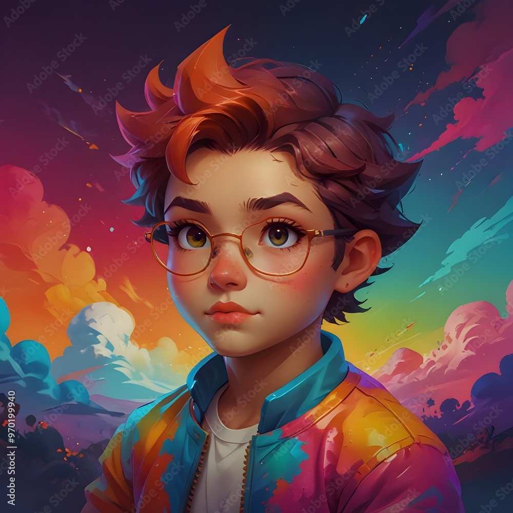 portrait of a child with glasses and a colorful jacket