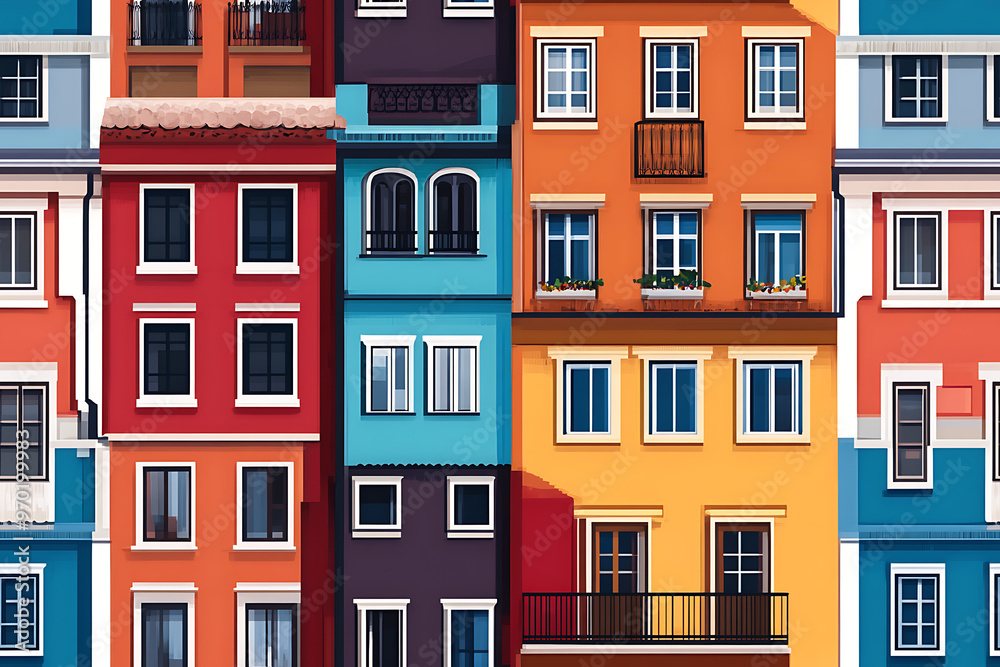 Obraz premium Flat art illustration of multi-colored house facades, showcasing simple geometric shapes and vibrant colors, creating a playful and modern urban aesthetic. 
