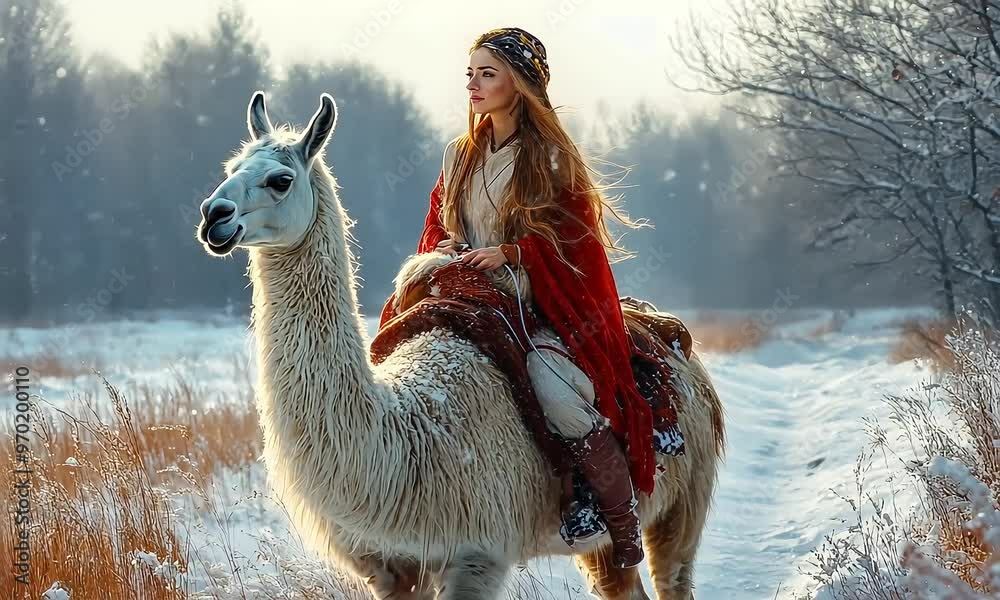 Woman riding llama in snowy landscape with ai generated.
