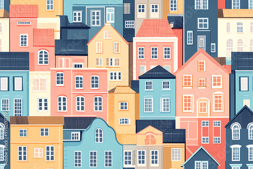 Flat art illustration of multi-colored house facades, showcasing simple geometric shapes and vibrant colors, creating a playful and modern urban aesthetic. 