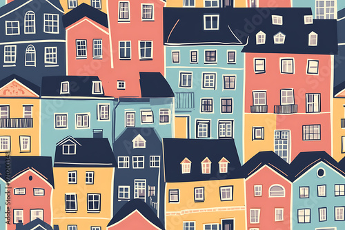 Flat art illustration of multi-colored house facades, showcasing simple geometric shapes and vibrant colors, creating a playful and modern urban aesthetic. 