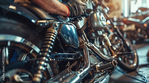 handheld close up head shot shot of bike mechanic reparing motorbike at garage concept of Hard working repair service and dedication : Generative AI