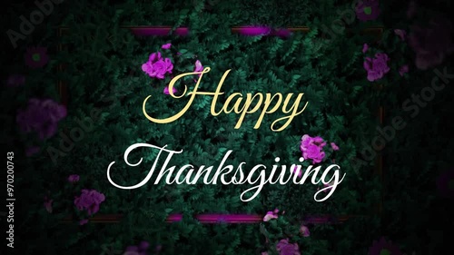 Animation of happy thanksgving text over pink petals and tree background photo