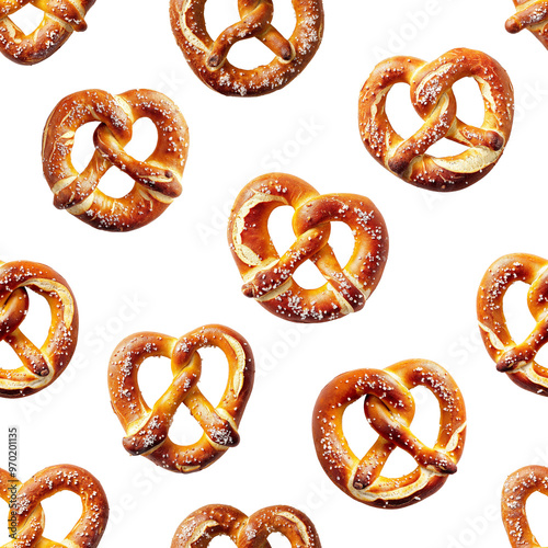 Seamless pattern of realistic Bavarian pretzels on a transparent background, perfect for festive designs and culinary themes