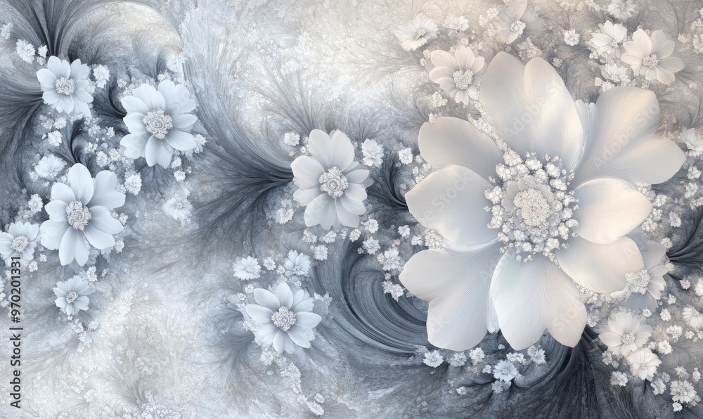 Floral fractal wallpaper featuring shades of white light grey and black creating a calming and serene atmosphere Floral fractal wallpaper featuring shades of white light grey and black creating a calming and serene atmosphere