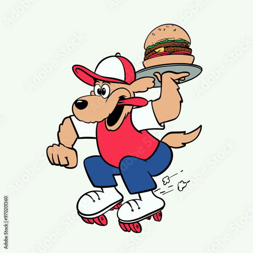 Cartoon Dog Waiter on Roller Skates Serving a Burger photo