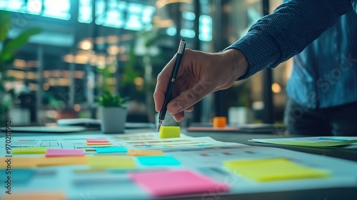 Professional startup male leader points on brainstorming marketing plan mind map and colorful sticky notes placed on office table at meeting room Marketing strategy concept Closeup Var : Generative AI