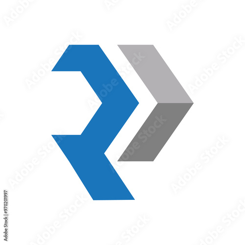 This logo design in simple flat style is an initial letter P in hexagonal shape that looks like an arrowhead facing right in blue and grey color