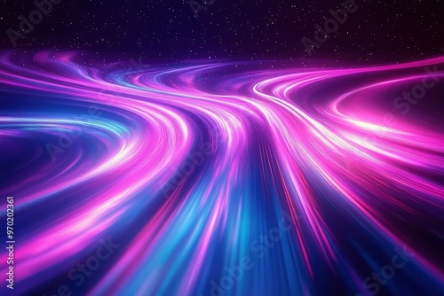 Abstract Swirling Purple and Blue Light Streaks against a Starry Background